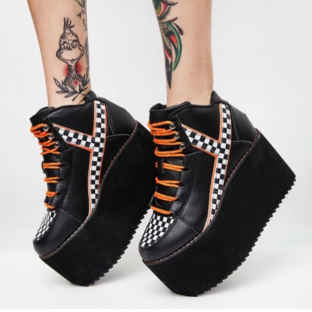 YRU Black and Orange Checkered Platform Shoes